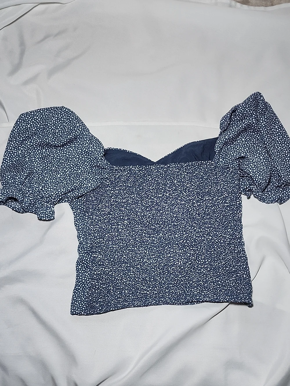Abercrombie & Fitch Navy Puff-Sleeve Smocked Crop Top with White Dot Print